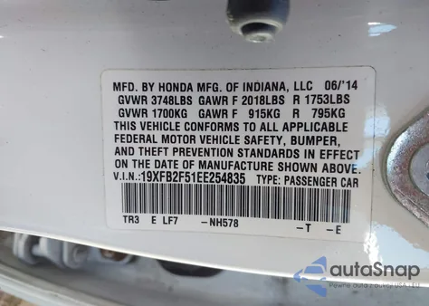 2014 Honda Civic Lx z USA, uszkodzony, nr VIN 19XFB2F51EE254835